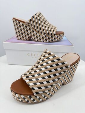 Cecelia New York Platform Sandals - Frost Black White Raffia Chunky Wedge NIB